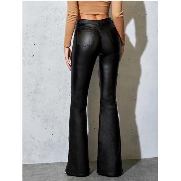 Black Faux Leather Wax Coated Jeans Flared Leg Bell Bottom High Waist - Picture 2 of 16